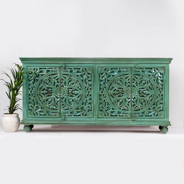 Verdant Elegance Handcrafted Green Carved Sideboard