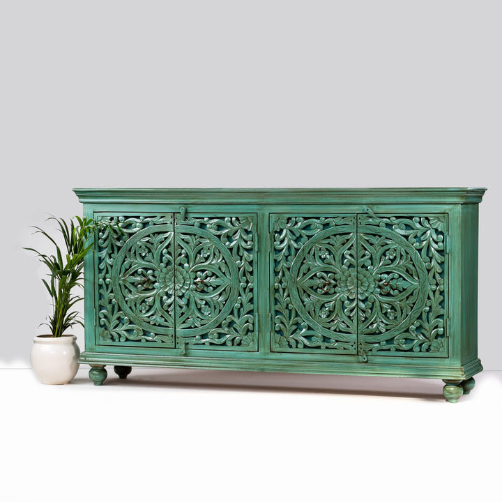 Verdant Elegance Handcrafted Green Carved Sideboard