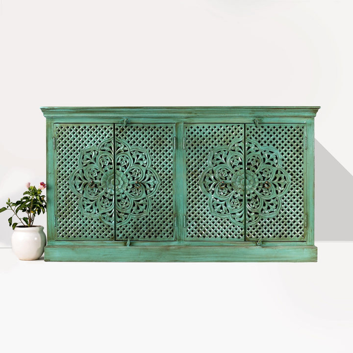Handcrafted Mango Wood Sideboard with Jali and Floral Carvings