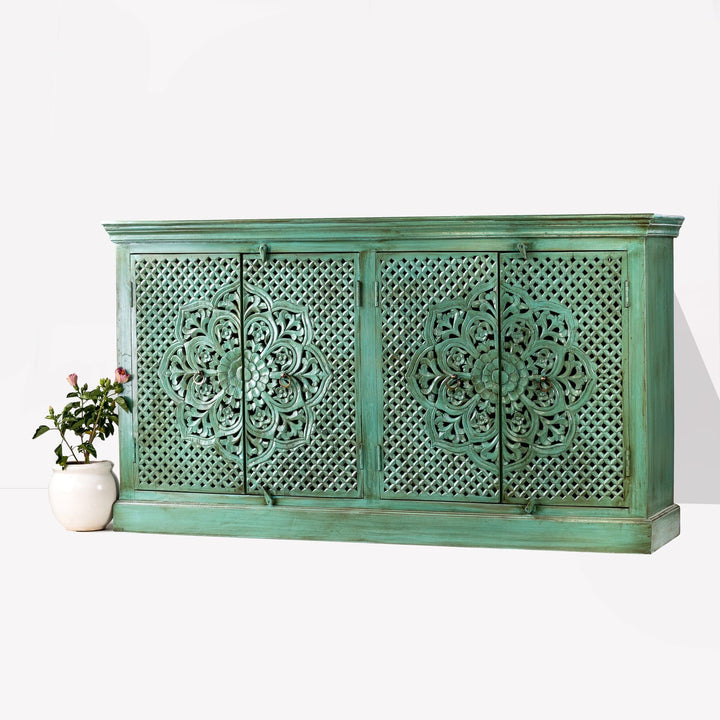 Handcrafted Mango Wood Sideboard with Jali and Floral Carvings