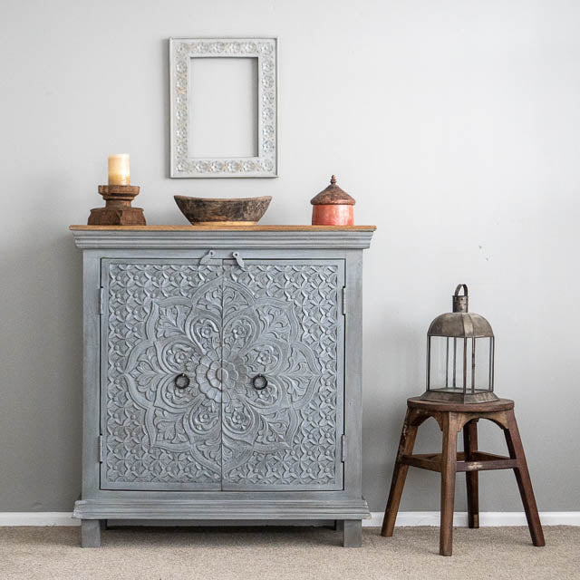 Bohemian Floral Hand Carved Grey Side Board