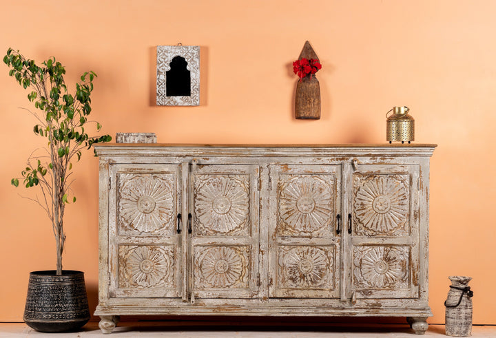 Bleached Indian Hand Carved Wooden Buffet Sideboard