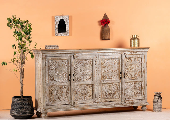 Bleached Indian Hand Carved Wooden Buffet Sideboard