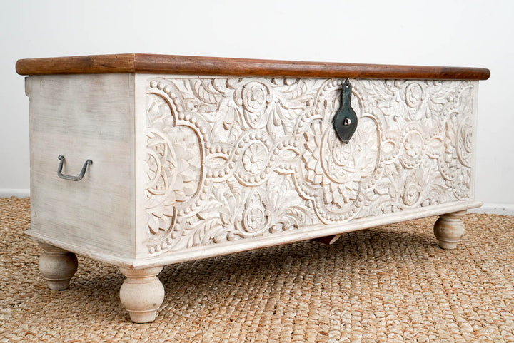 Exotic Hand Carved Wilson White Trunk Box
